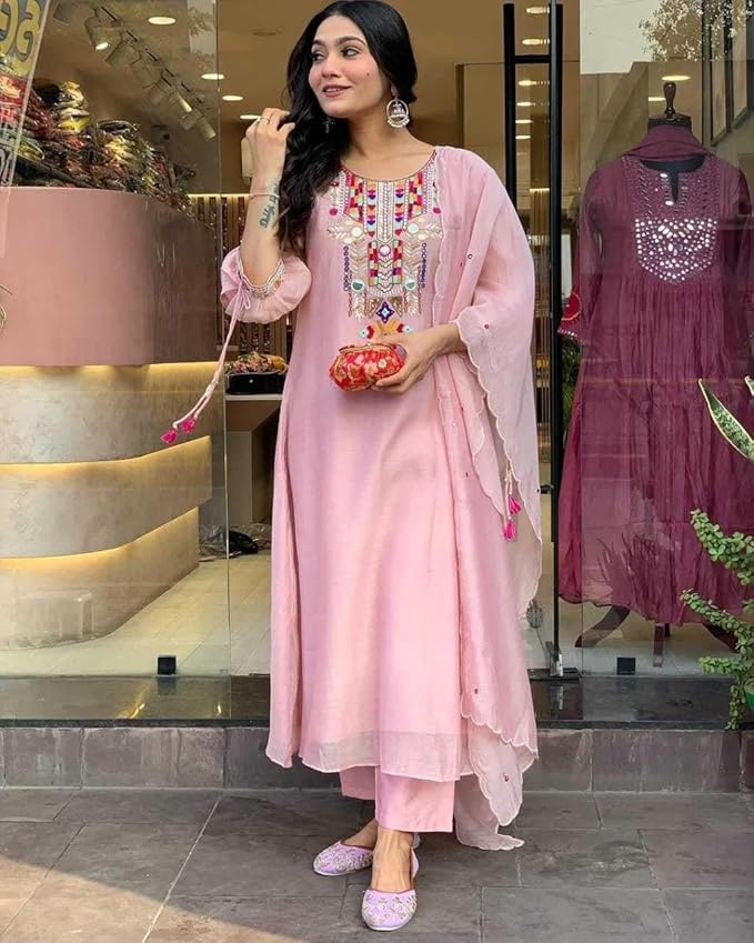 Lakshmi Narayan Studio Women's Cotton Mirror Work Embroidered Straight Kurti With Pant and Dupatta Set - Image 3