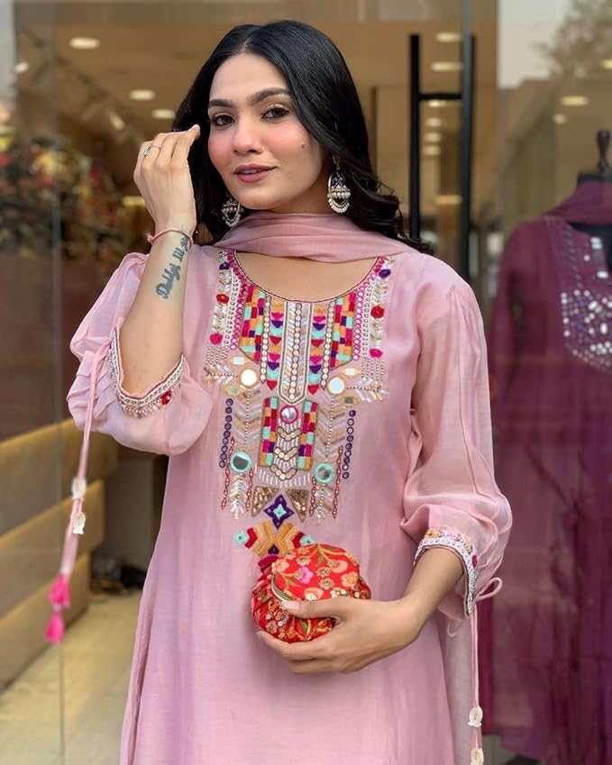Lakshmi Narayan Studio Women's Cotton Mirror Work Embroidered Straight Kurti With Pant and Dupatta Set - Image 2