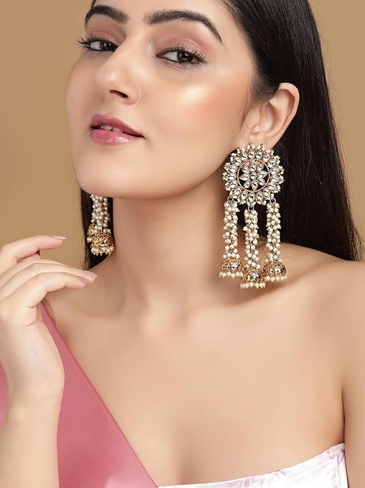 Rubans Dangler Earrings Kundan and Pearl Traditional Wedding Jewellery Gift for Women & Girls - Image 2
